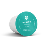Purity Coffee showcases its teal, recyclable, single-serve coffee pod consciously crafted for overall health and flow.