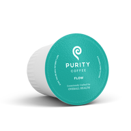 Purity Coffee showcases its teal, recyclable, single-serve coffee pod consciously crafted for overall health and flow.