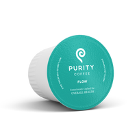 Purity Coffee showcases its teal, recyclable, single-serve coffee pod consciously crafted for overall health and flow.