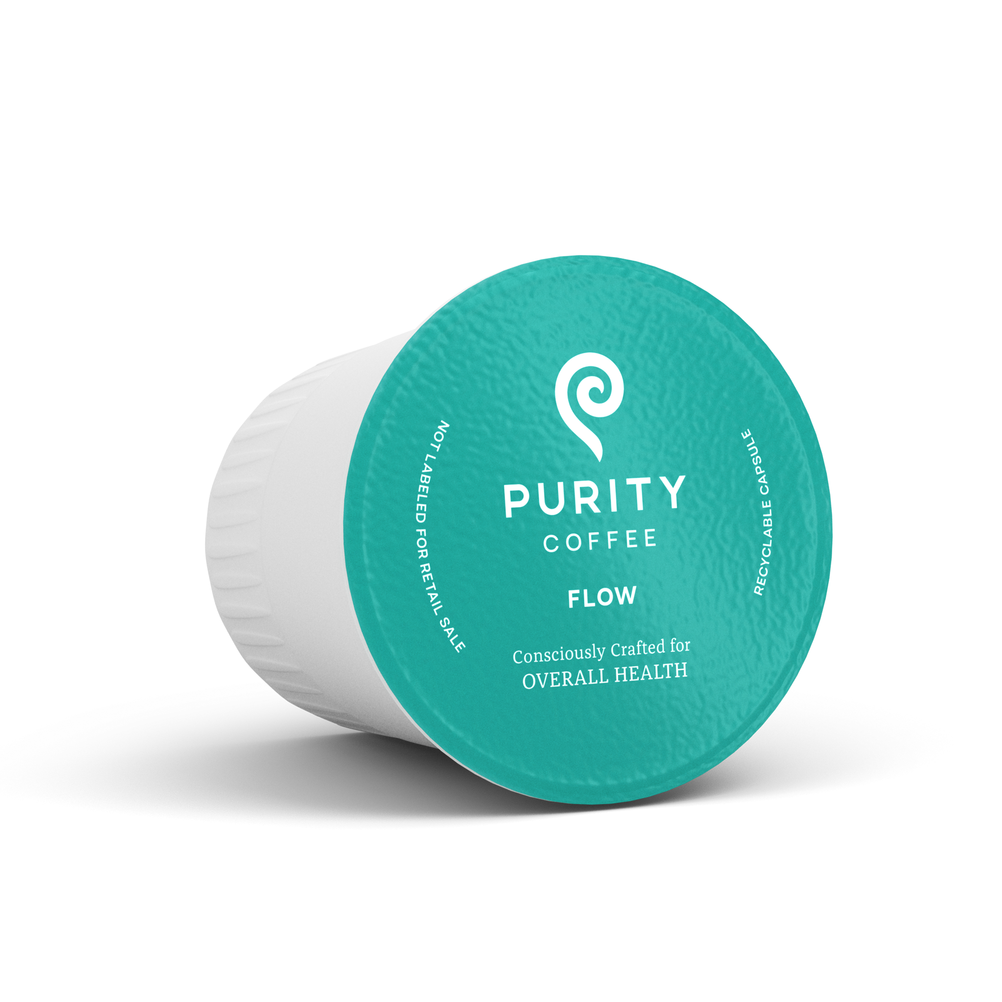 Purity Coffee showcases its teal, recyclable, single-serve coffee pod consciously crafted for overall health and flow.