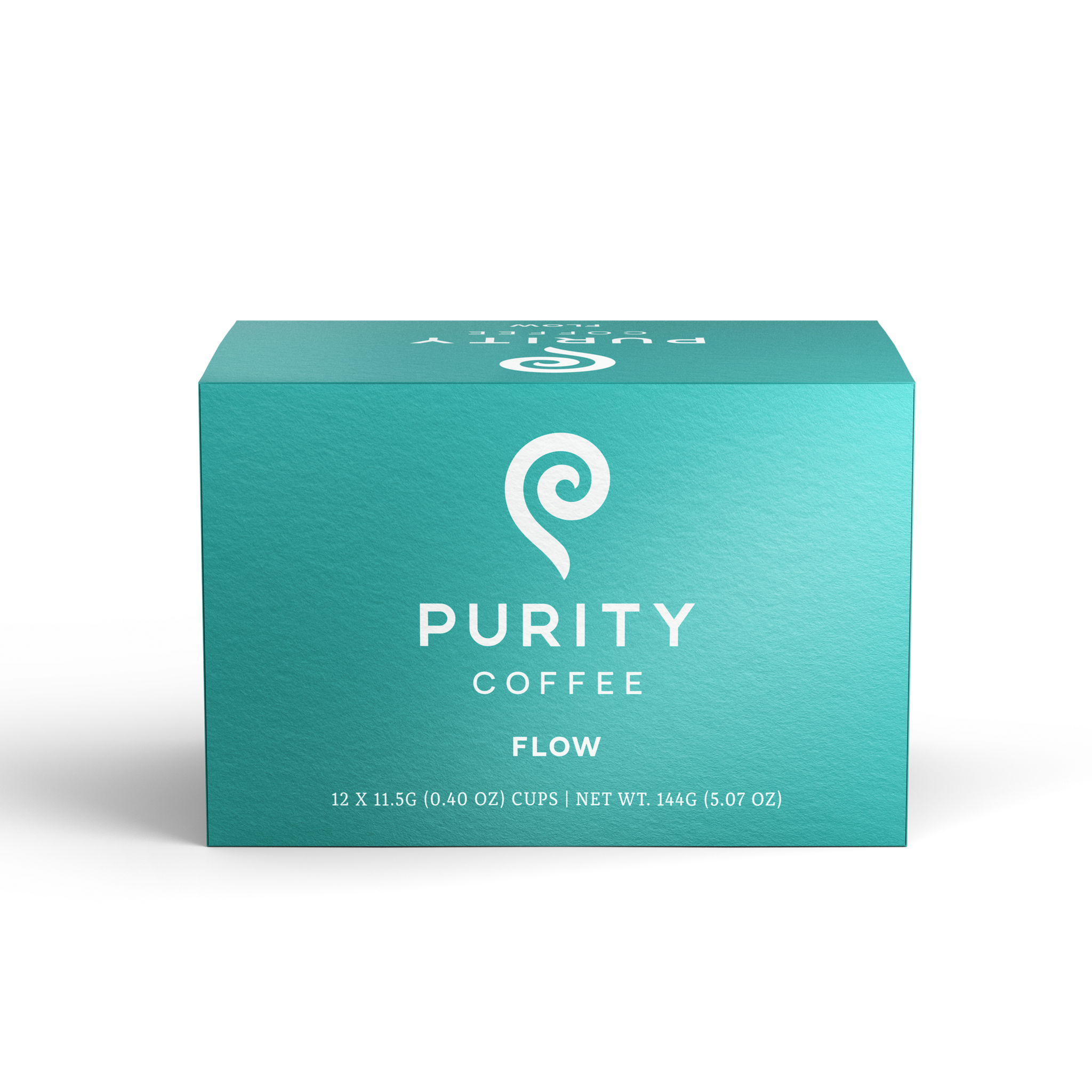 A box of Purity Coffee Flow pods displays its branding and promises a smooth coffee experience.
