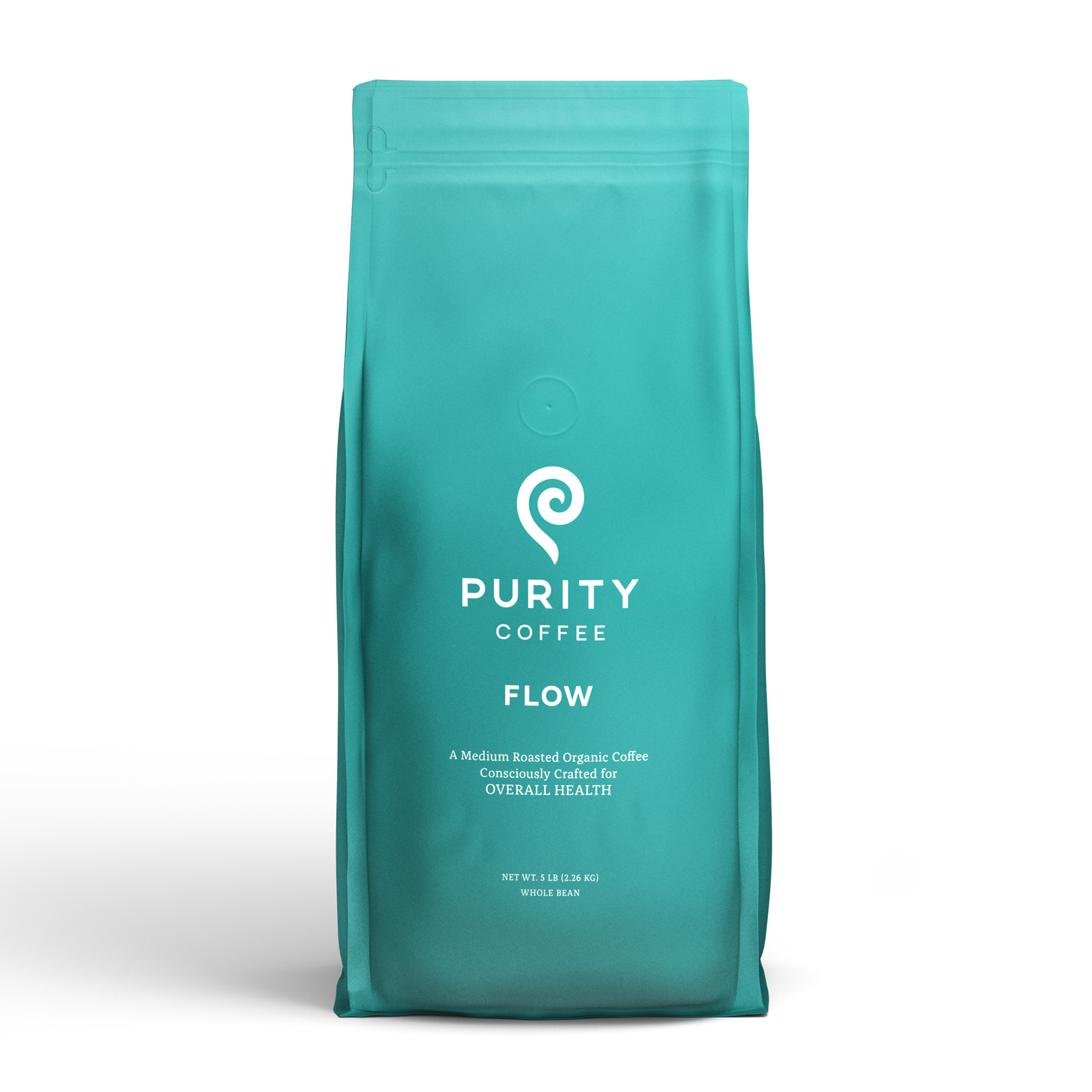 A turquoise bag displays the Purity Coffee logo, advertising their Flow medium-roasted organic whole bean coffee blend.
