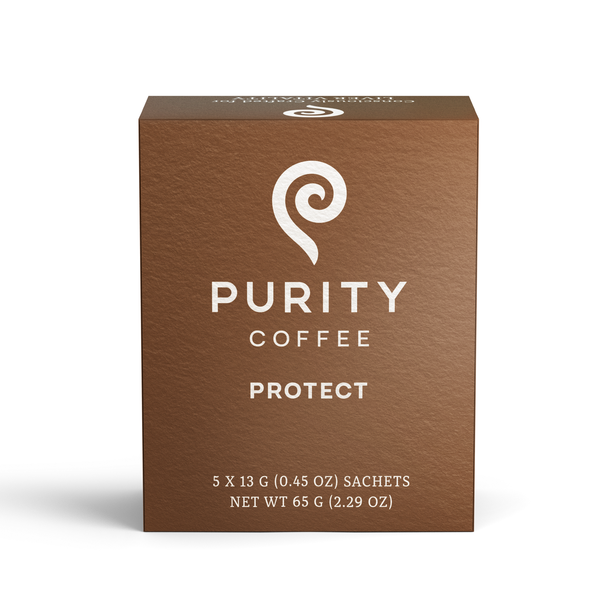 Purity Coffee's brown box promotes its "Protect" blend with a white spiral logo and promises of consciously crafted liver vitality.
