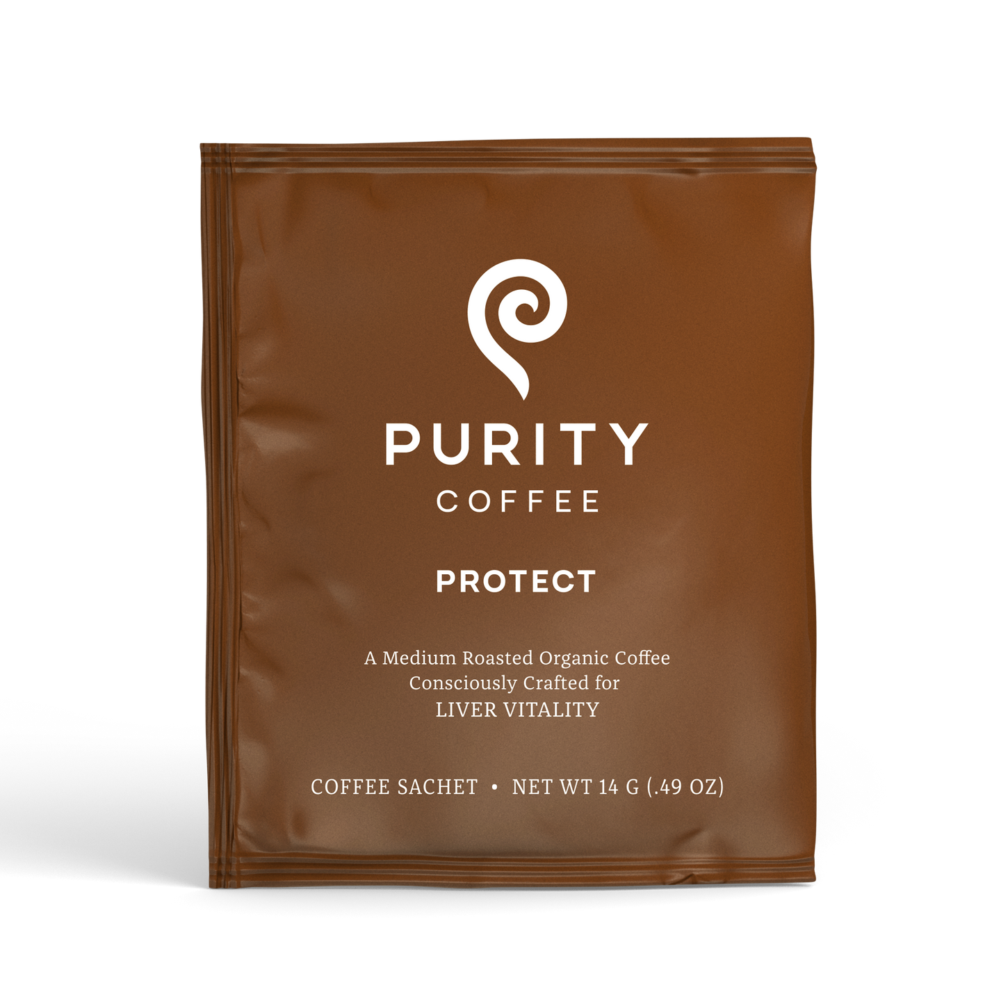 Purity Coffee presents its "Protect" blend, a medium-roasted organic coffee consciously crafted for liver vitality, showcased in a brown coffee sachet.
