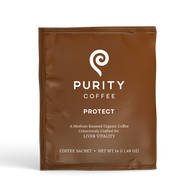 Purity Coffee presents its "Protect" blend, a medium-roasted organic coffee consciously crafted for liver vitality, showcased in a brown coffee sachet.
