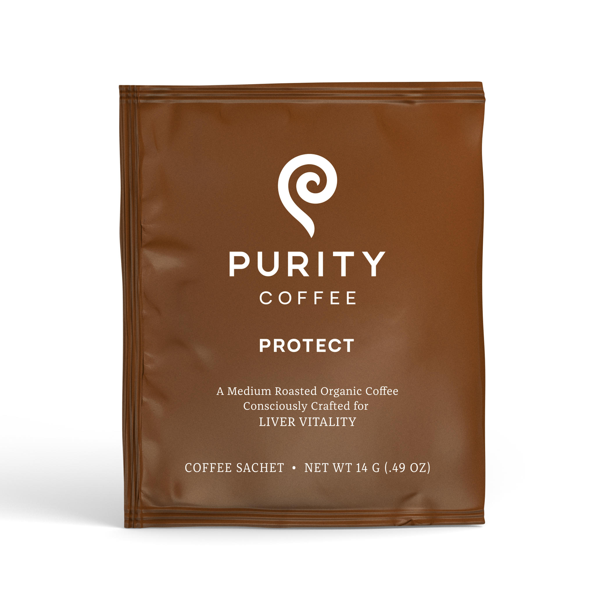 Purity Coffee presents its "Protect" blend, a medium-roasted organic coffee consciously crafted for liver vitality, showcased in a brown coffee sachet.
