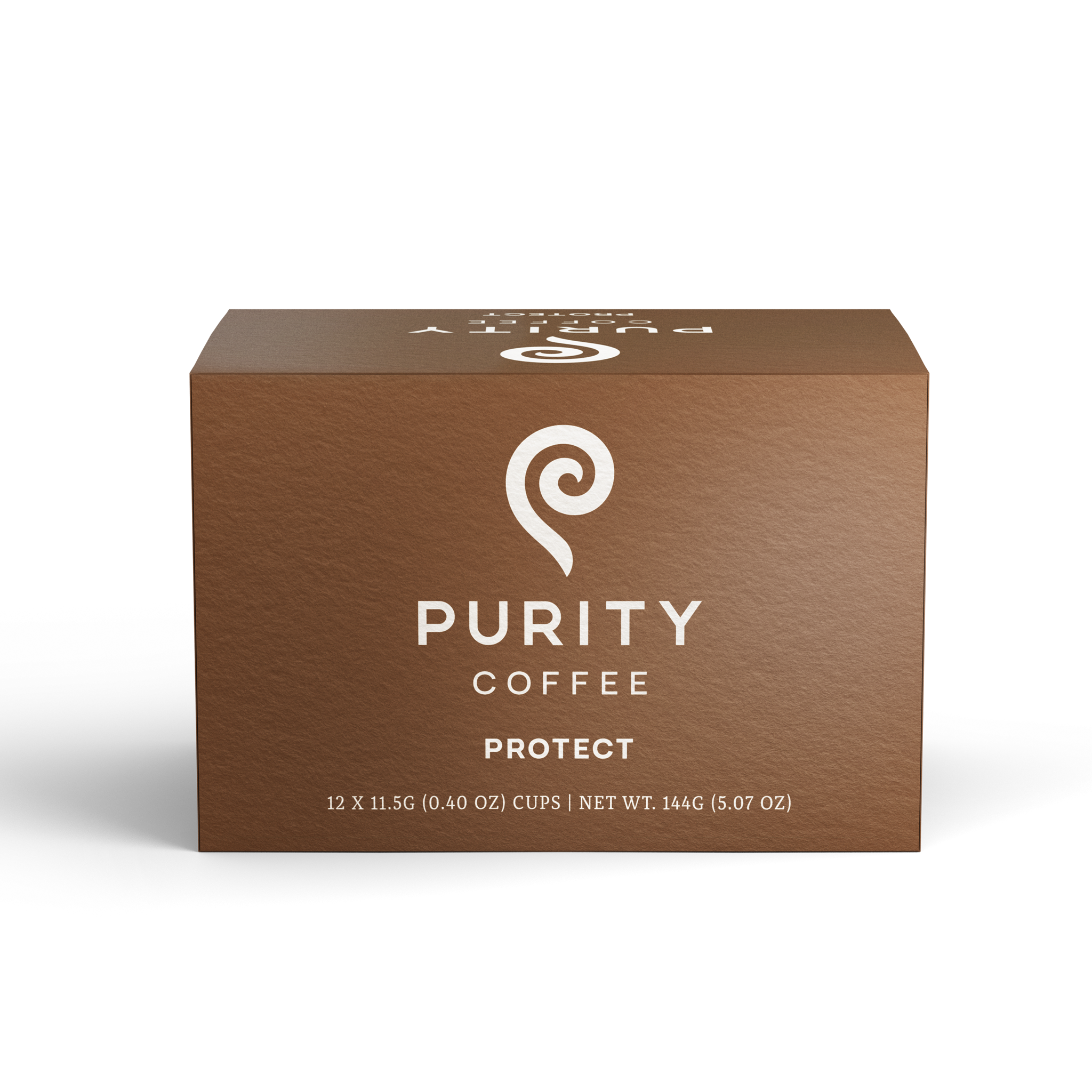 Purity Coffee displays a brown box of their 'Protect' coffee pods, highlighting their net weight and cup count.
