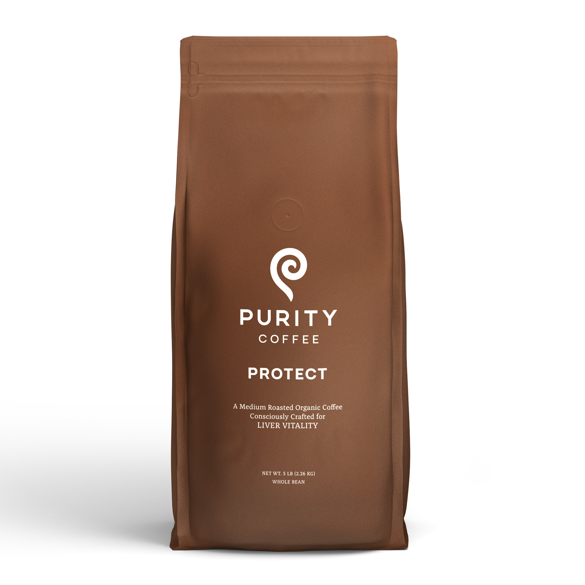 A brown bag displays Purity Coffee's "Protect," a medium roast organic whole bean coffee crafted for liver vitality.
