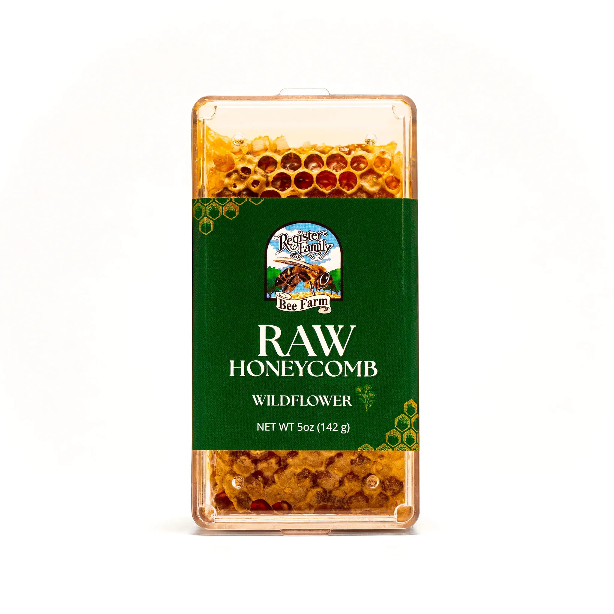 View Register Family Bee Farm's raw wildflower honeycomb in a 5oz container.
