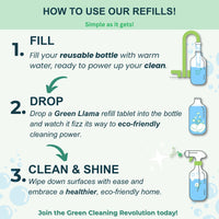 Learn how to use Green Llama cleaning refills: fill reusable bottle with water, drop in refill tablet, and clean for an eco-friendly home.

