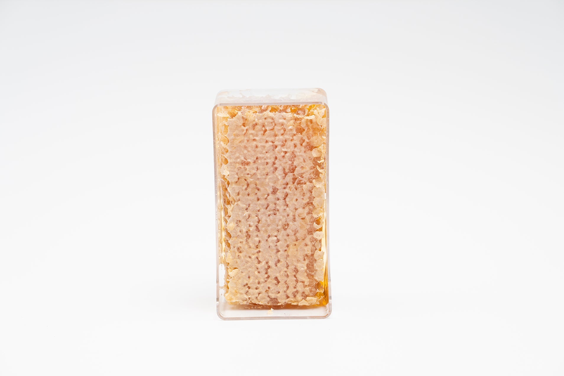 Beeswax honeycomb sits encased in a clear plastic container, showcasing natural honey.
