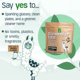 Green Llama dishwasher tabs promise sparkling dishes without toxins, featuring a llama mascot and eco-friendly packaging.
