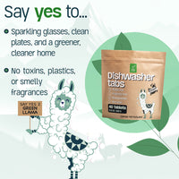 Green Llama dishwasher tabs promise sparkling dishes without toxins, featuring a llama mascot and eco-friendly packaging.

