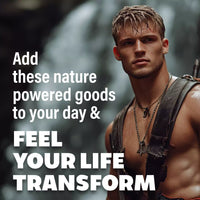 A muscular man poses outdoors near a waterfall to promote nature-powered goods.
