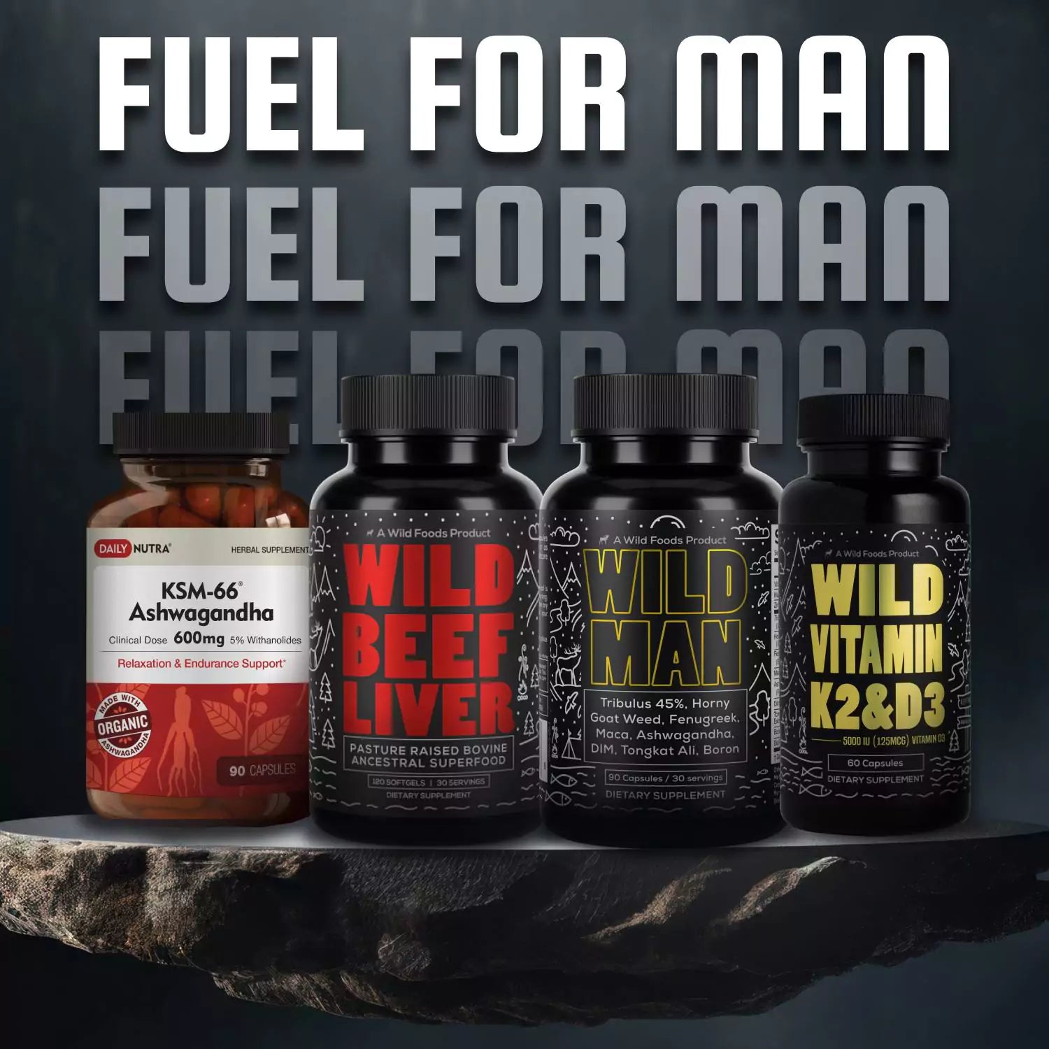 Showcases a collection of "Fuel For Man" health supplements, including Ashwagandha, Beef Liver, Wild Man, and Vitamin K2 & D3.
