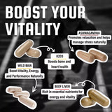 Promotional image highlights Wild Man vitality supplements, including Ashwagandha, K2D3, and Beef Liver, to boost energy, performance, and manage stress naturally.
