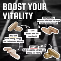 Promotional image highlights Wild Man vitality supplements, including Ashwagandha, K2D3, and Beef Liver, to boost energy, performance, and manage stress naturally.

