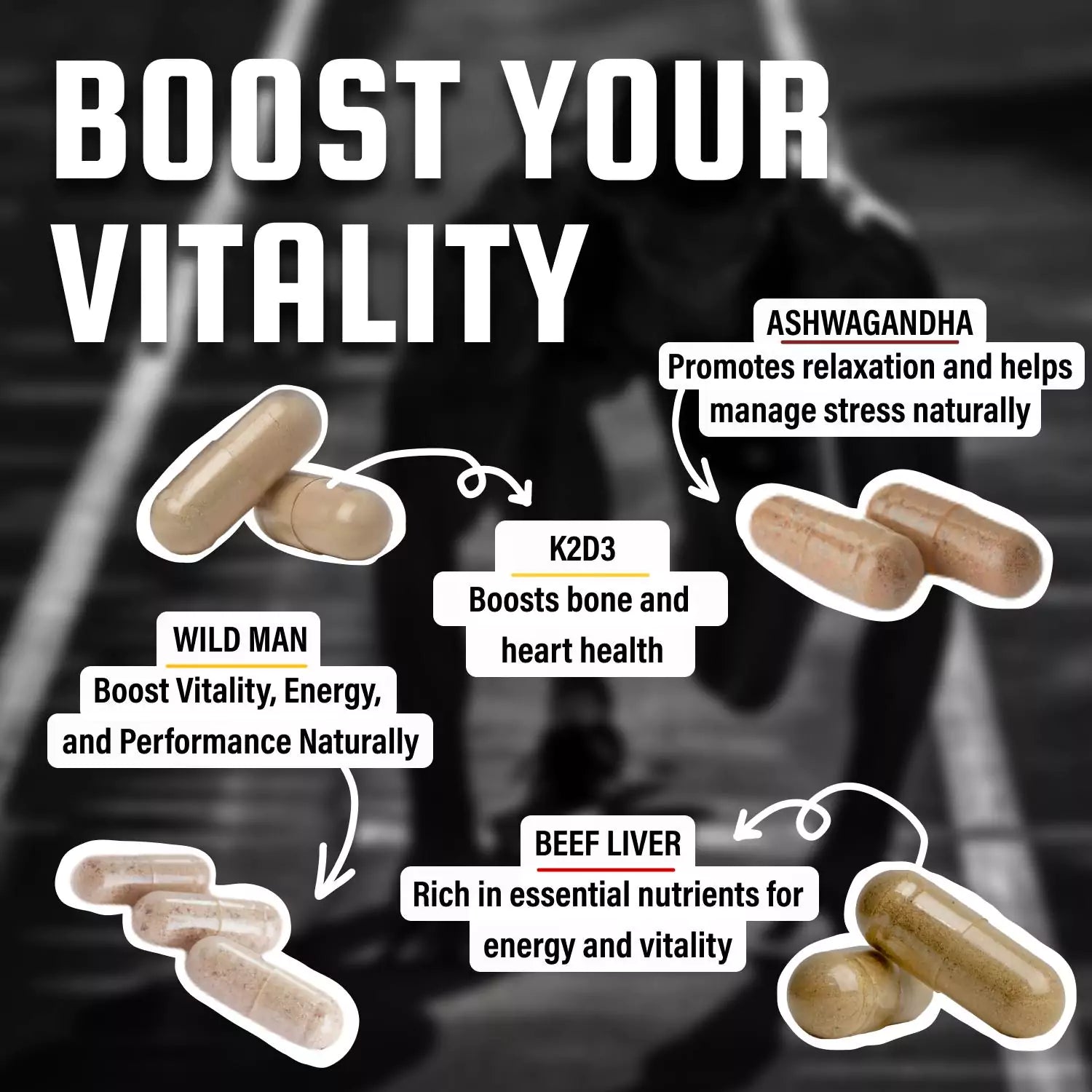 Promotional image highlights Wild Man vitality supplements, including Ashwagandha, K2D3, and Beef Liver, to boost energy, performance, and manage stress naturally.

