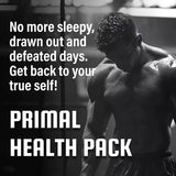 Sweaty, muscular man promotes a Primal Health Pack for renewed energy and vitality.
