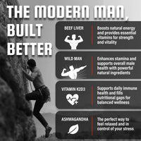 A rock climber ascends a cliff face, advertising supplements like beef liver, wild man, vitamin K2D3, and ashwagandha to build the modern man.
