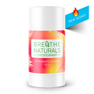 Breathe Naturals deodorant promotes its new Strawberry Colada scent on a colorful tropical label.
