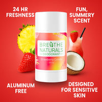 Breathe Naturals Strawberry Colada deodorant promises aluminum-free, 24-hour freshness with a fun, summery scent.
