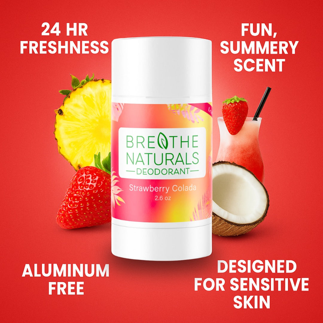 Breathe Naturals Strawberry Colada deodorant promises aluminum-free, 24-hour freshness with a fun, summery scent.
