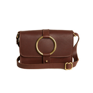A stylish brown leather crossbody bag features a gold circular handle and strap buckle.
