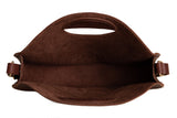 A brown leather tote bag displays its open interior.
