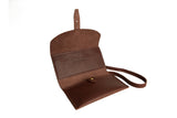 A brown leather crossbody wallet bag lays open, showcasing its interior compartments and strap.
