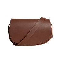 A brown leather crossbody bag displays its simple, stylish design.
