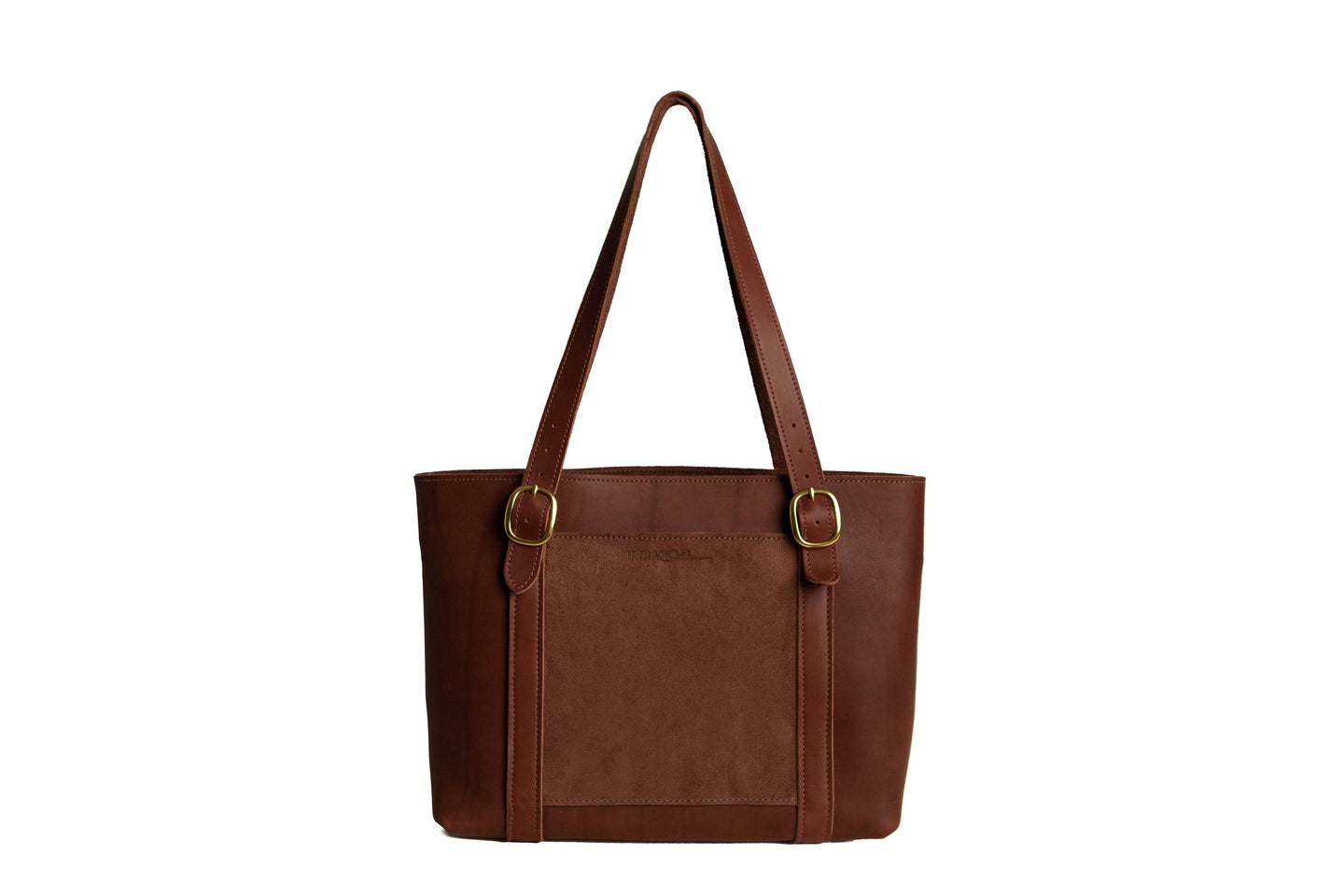 Showcases a stylish brown leather tote bag featuring gold buckle details and a suede panel on a white background.
