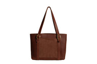 Showcases a stylish brown leather tote bag featuring gold buckle details and a suede panel on a white background.
