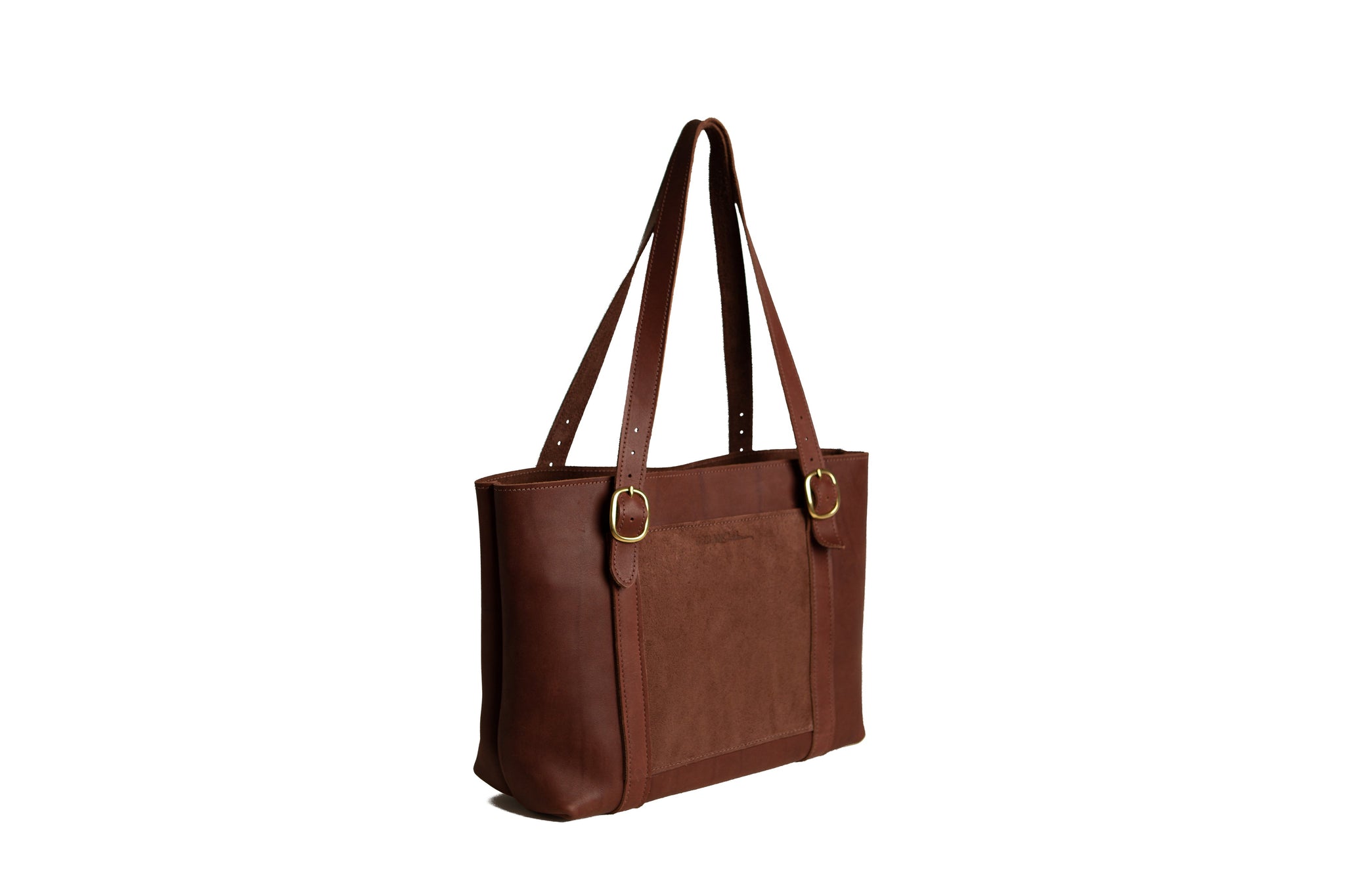 Display shows a luxurious brown leather tote bag with suede detailing, highlighted for online shopping.
