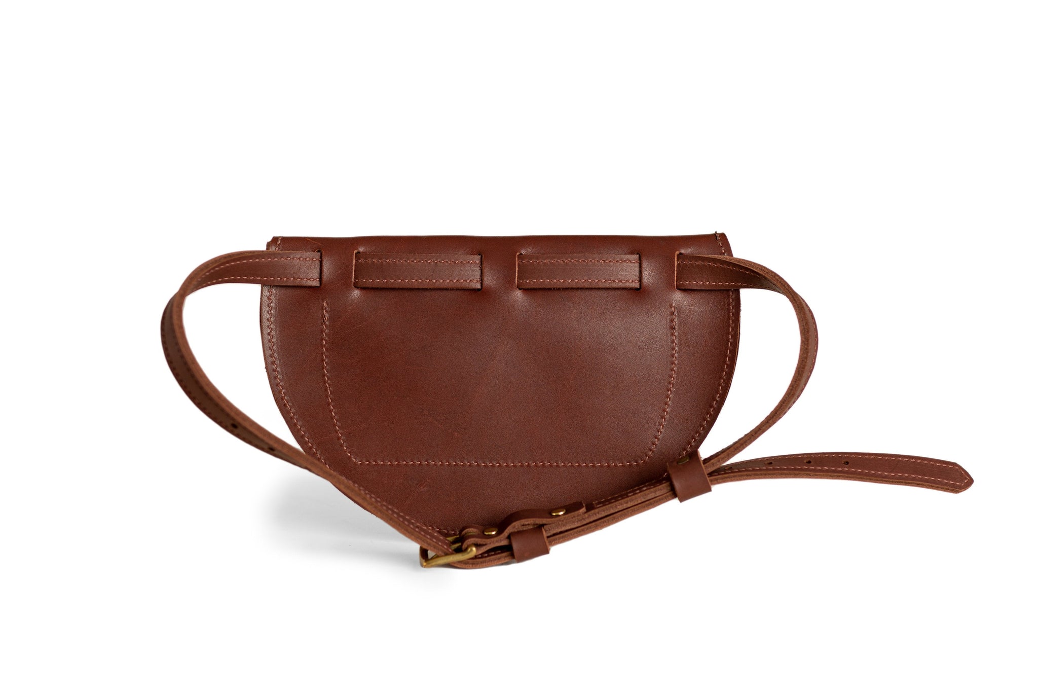 Close-up shows a stylish brown leather belt bag with an adjustable strap and buckle.
