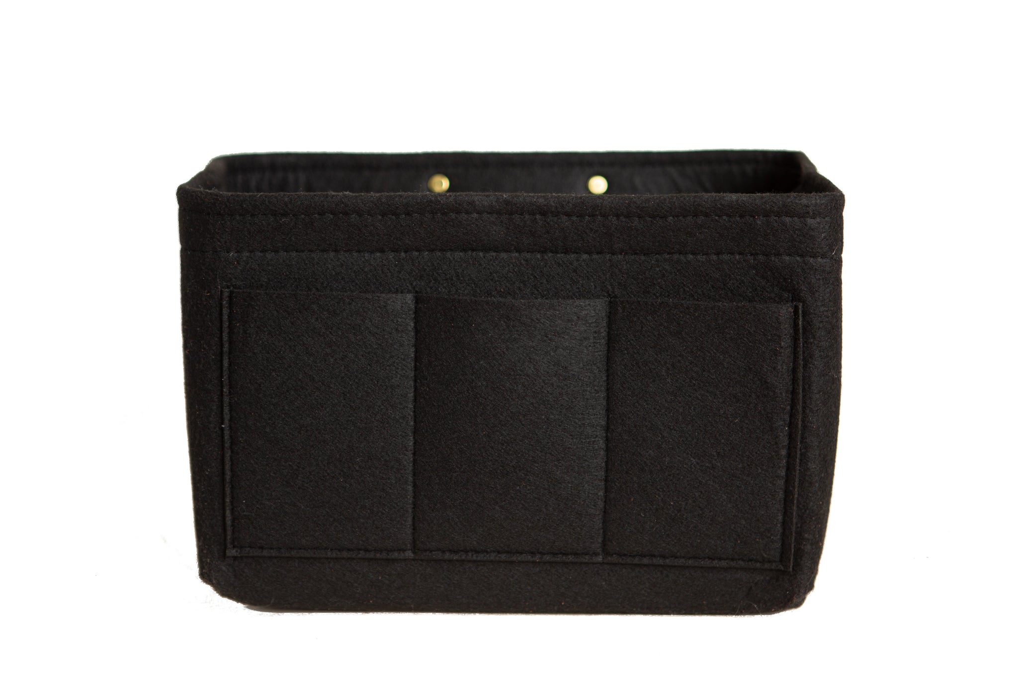 A black felt purse organizer features multiple compartments.
