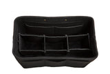 A black felt purse organizer insert with multiple compartments sits empty against a white background.

