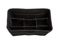A black felt purse organizer insert with multiple compartments sits empty against a white background.

