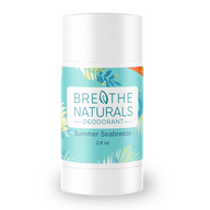 Breathe Naturals deodorant stick displays its Summer Seabreeze scent in a white container with a tropical leaf design.
