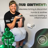 Man displays his Hemorrhoid Rage ointment, promising relief from itching, discomfort, swelling, and inflammation with its FDA-registered formula, as a green toy soldier grimaces nearby.
