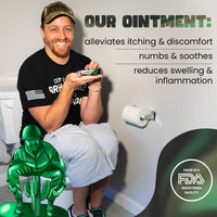 Man displays his Hemorrhoid Rage ointment, promising relief from itching, discomfort, swelling, and inflammation with its FDA-registered formula, as a green toy soldier grimaces nearby.
