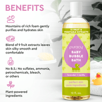 Puracy Baby Bubble Bath, made with fruit and vegetable extracts, promises a gentle, plant-powered, skin-purifying bath experience.

