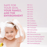 A smiling child washes their hair with bubbly, chemical-free soap, promoting safe and eco-friendly bath products.
