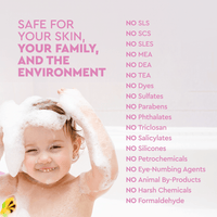 A smiling child washes their hair with bubbly, chemical-free soap, promoting safe and eco-friendly bath products.
