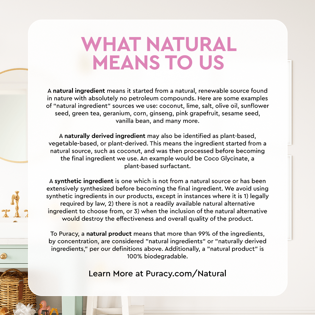 Puracy describes its commitment to using natural, plant-based, and biodegradable ingredients in their products.

