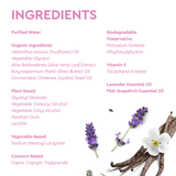 Image presents a list of cosmetic ingredients, including sunflower oil, shea butter, aloe vera, and essential oils, accented with lavender sprigs and vanilla beans.
