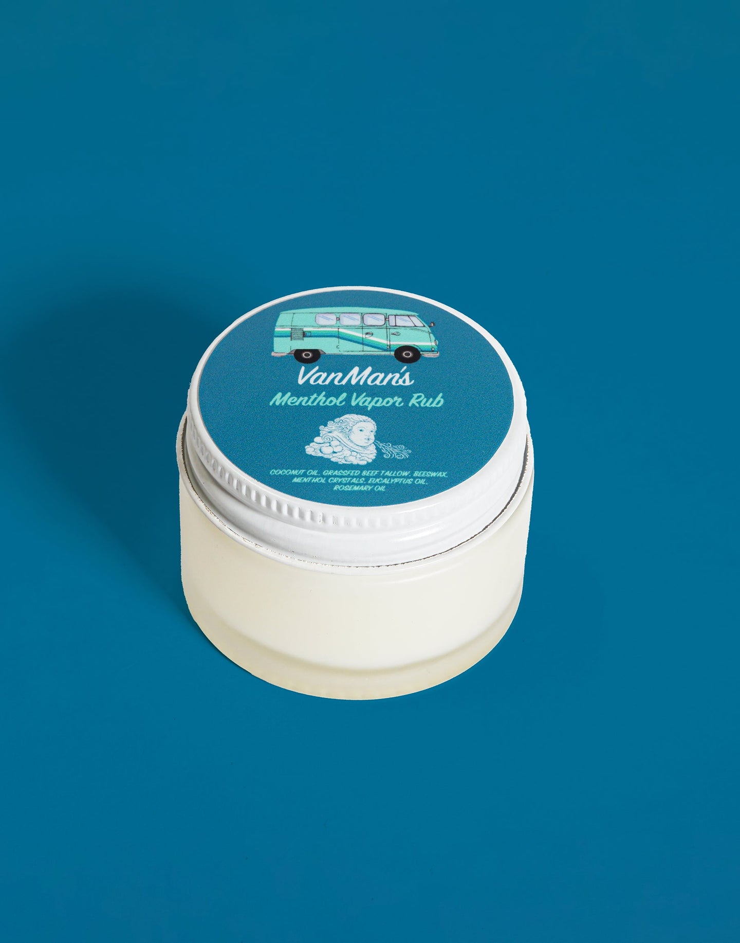 VanMan's menthol vapor rub, featuring a blue camper van design, promises soothing relief with coconut oil, beeswax, and eucalyptus.
