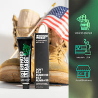 Showcase veteran-owned hemorrhoid ointment "Rhoid Rage" with American flag and combat boots, emphasizing relief with lidocaine and magnesium.
