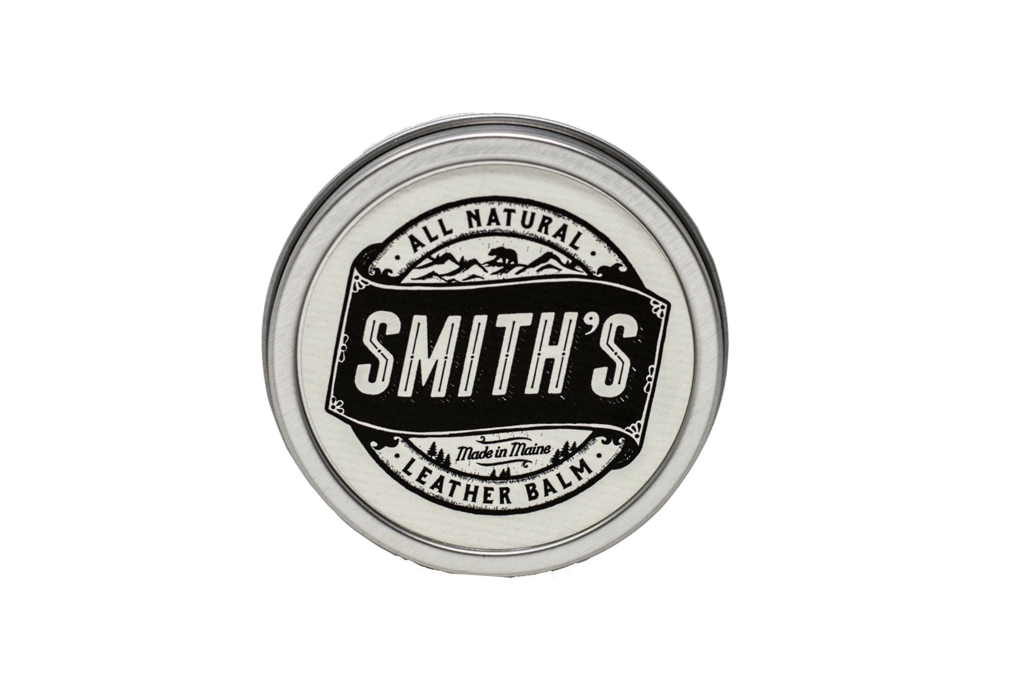 Smith's All Natural Leather Balm in a metal tin protects and conditions leather goods.

